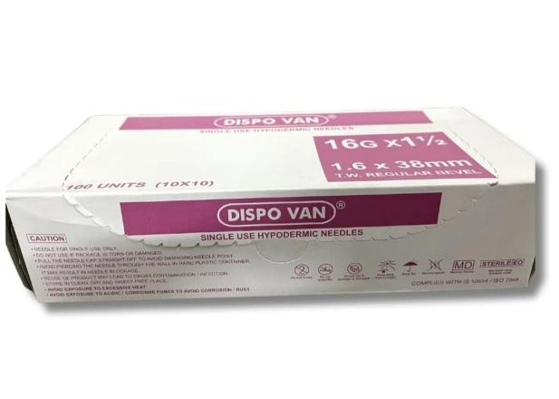 HMD DISPOVAN STERILE SINGLE USE HYPODERMIC NEEDLES 16G (PACK SIZE 100PCS) 
