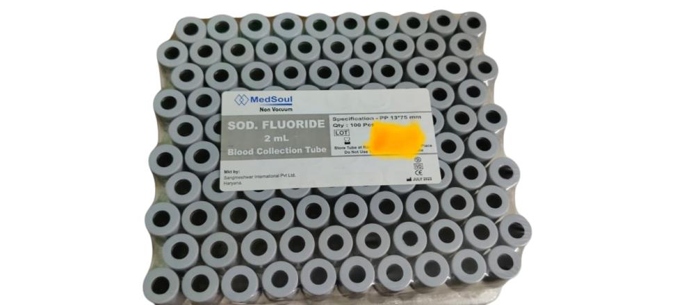 MEDSOUL NON VACCUM SOD. FLUORIDE 2ML BLOOD COLLECTION TUBE PACK SIZE (100TEST)