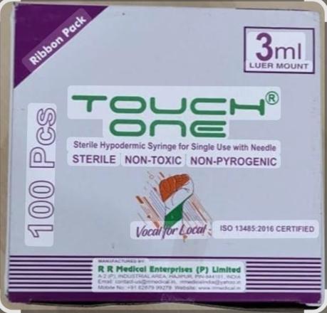 TOUCH ONE STERILE HYPODERMIC SYRINGE FOR USE WITH NEEDLE 3ML 24G PACK SIZE (100PCS)